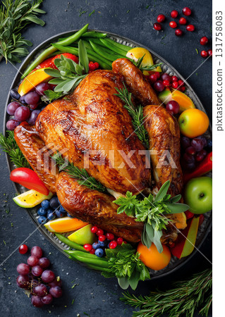 Roast turkey on a bed of fresh fruits and vegetables for a festive meal 131758083
