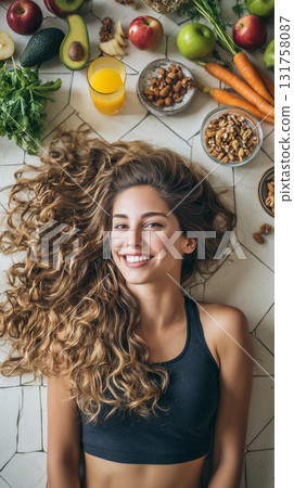 Healthy lifestyle moment with a smiling woman surrounded by fresh food 131758087