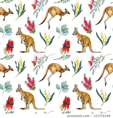 Kangaroo animals with Australian flora elements on white background hand drawn seamless pattern element. Cute hopping and standing kangaroos with Australia flowers seamless pattern design 131758199