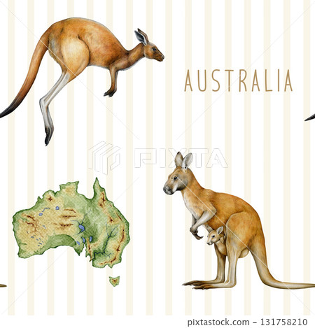 Cute kangaroos with Australia continent map hand drawn vintage style seamless pattern. Australia native marsupial mammals painted illustration. Kangaroo animals endless pattern design element Cute kangaroos with Australia continent map hand drawn vintage style seamless pattern. Australia native marsupial mammals painted illustration. Kangaroo animals endless pattern design element 131758210
