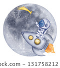 Astronaut, cosmonaut in helmet stay on the rocket,spaceship moon and shooting star. Watercolor digital illustration 131758212