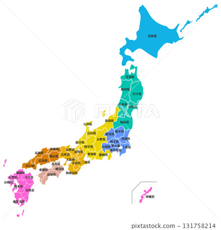 Dividable map of the Japanese archipelago with prefecture names 131758214