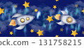 Dark blue sky, fluffy clouds, stars, spaceships. space rockets, nebula make up this space of seamless border watercolor clip art 131758215