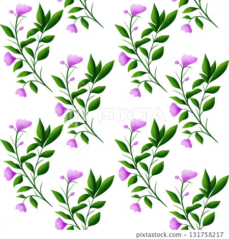 Beautiful pink flowers and green branches with leaves, seamless floral botanical pattern. Digital watercolor hand drawn. For fabric, textiles, wrappers, covers, women, girls, accessories, gifts 131758217