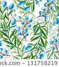 Beautiful blue berries and green branches with leaves, seamless floral botanical pattern. Digital watercolor 131758219
