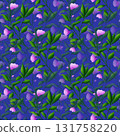 Beautiful pink flowers and green branches with leaves, seamless floral botanical pattern. Digital watercolor 131758220