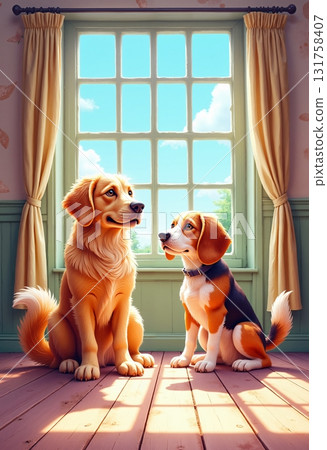 Two dogs sitting on a wooden floor against the backdrop of sunlight 131758407