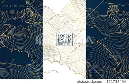 Vector elegant Asian inspired vector pattern with gold waves, clouds, geometric shapes blending traditional Japanese and Chinese line style. Perfect for modern decorative backgrounds, posters, flyers. Vector elegant Asian inspired vector pattern with gold waves, clouds, geometric shapes blending traditional Japanese and Chinese line style. Perfect for modern decorative backgrounds, posters, flyers. 131758464