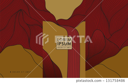 Abstract Japanese vector line red and gold background, flowing waterfall, mountains landscape, Asian style. Modern posters, travel cards, luxury wallpapers, decorative templates. Abstract Japanese vector line red and gold background, flowing waterfall, mountains landscape, Asian style. Modern posters, travel cards, luxury wallpapers, decorative templates. 131758486