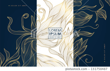 Elegant floral vector background, flower gold line patterns, leaves, oriental ornaments, Chinese, Japanese art. Luxury wedding invitations, spring greeting cards, anniversary posters, vintage royal. 131758487