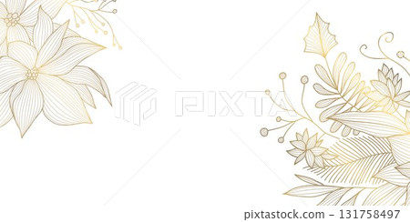 Elegant winter floral Christmas vector background, golden branches, holly, and patterns, modern luxury style. Cards, wedding invitations, lunar holiday greetings, corner decoration. 131758497