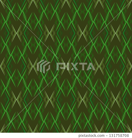 Dark green seamless geometric pattern. Green rhombuses on dark background. Fantasy ethnic ornament of sharp shapes. Strict abstract repeating design 131758708