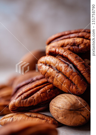 Nuts arranged together on a surface highlighting their textures and colors Nuts arranged together on a surface highlighting their textures and colors 131758790