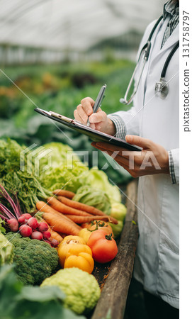 Health expert evaluating fresh produce at an outdoor market in autumn 131758797