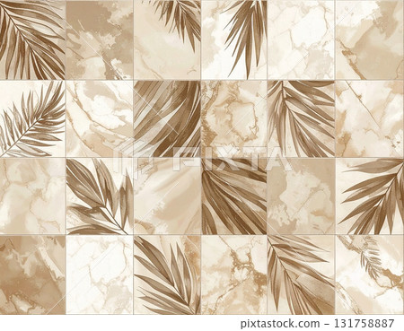 Texture of ceramic tile with a seamless pattern of tropical plants in beige tones. Material for interior. Design mockup and background. Texture of ceramic tile with a seamless pattern of tropical plants in beige tones. Material for interior. Design mockup and background. 131758887
