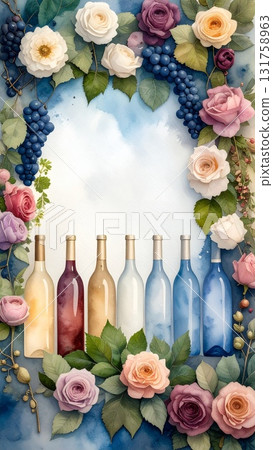 Antique vertical frame of roses and wine 131758963