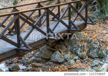 Wooden bridge, autumn leaves, forest stream flowing over water in a peaceful natural environment Wooden bridge, autumn leaves, forest stream flowing over water in a peaceful natural environment 131759007