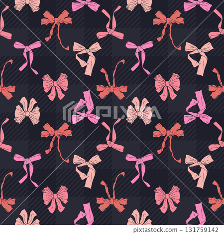 Seamless pattern with cute hand drawn fancy pink bow knots on checkered plaid background. Pretty retro coquettes wallpaper. Vintage romantic repeat background 131759142
