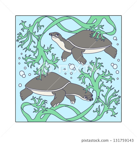 Art nouveau style turtle couple swimming in ocean amongst seaweed hand drawn vector illustration 131759143