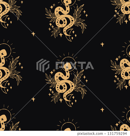 Mystical Seamless Pattern with Golden Snake with Sun, Moon and Plants Leaves on Black Background. Elegant Repeating Cosmic Textured Hand Drawing. Mysterious template. Vector illustration. Not AI 131759294