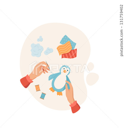 Hands sewing a cute penguin toy with colorful fabric pieces and sewing supplies. Craft activity for children in a DIY workshop, flat illustration style, ideal for creative projects and hands Hands sewing a cute penguin toy with colorful fabric pieces and sewing supplies. Craft activity for children in a DIY workshop, flat illustration style, ideal for creative projects and hands 131759402