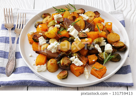 roasted autumn vegetable salad and feta cheese roasted autumn vegetable salad and feta cheese 131759413