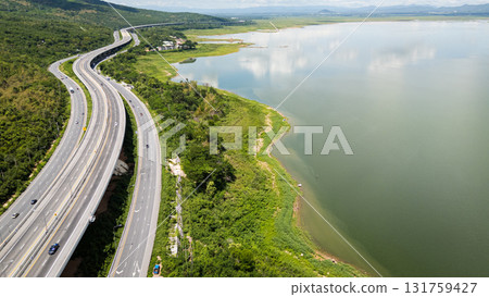 Drone shot The M6 motorway Nakhon Ratchasima Province - Bang Pa-in Lam Ta Khong River and Mountain. Motorway Korat Thailand 131759427