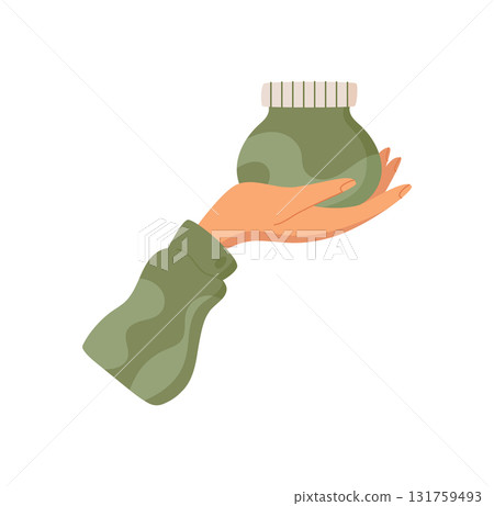 Cartoon hand holds moisturizing bodycare lotion pack, flat isolated hair care shampoo bottle, organic cleansing makeup oil jar, trendy antiaging skincare cream tube, vector illustration. Cartoon hand holds moisturizing bodycare lotion pack, flat isolated hair care shampoo bottle, organic cleansing makeup oil jar, trendy antiaging skincare cream tube, vector illustration. 131759493