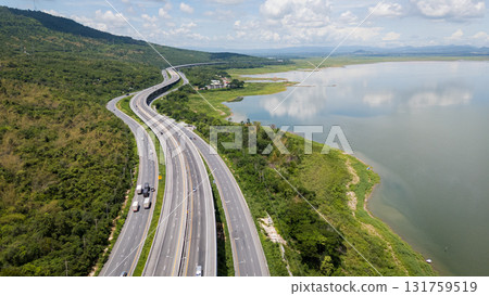 Drone shot The M6 motorway Nakhon Ratchasima Province - Bang Pa-in Lam Ta Khong River and Mountain. Motorway Korat Thailand 131759519