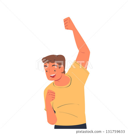 Happy Man Look at Something Raising Hand Up Vector Illustration 131759633