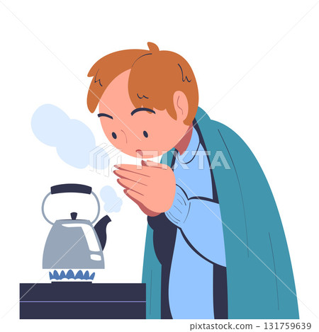 Freezing Man Character Wearing Blanket at Hot Tea Boiling Trembling Feeling Cold Vector Illustration 131759639