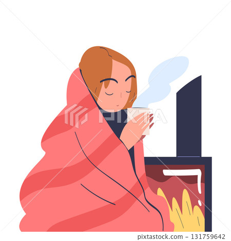 Freezing Woman Character Drink Hot Tea at Fireplace Wearing Warm Clothes Vector Illustration Freezing Woman Character Drink Hot Tea at Fireplace Wearing Warm Clothes Vector Illustration 131759642