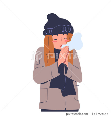 Freezing Woman Character Wearing Warm Clothes Trembling Feeling Cold Vector Illustration 131759643