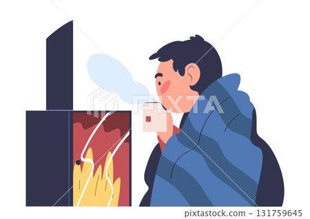 Freezing Man Character Drink Hot Tea at Fireplace Wearing Warm Clothes Vector Illustration 131759645