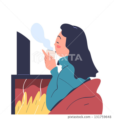 Freezing Woman Character Drink Hot Tea at Fireplace Wearing Warm Clothes Vector Illustration 131759648