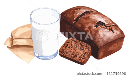 Chocolate cake and milk watercolor illustration set - AI generation 131759698