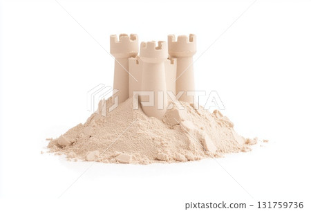 Sand castle with three towering spires emerging from smooth golden shoreline, standing against minimalist white backdrop, capturing seaside leisure and vacation essence 131759736