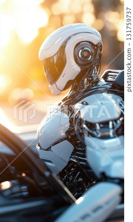 Futuristic robot with white armor and helmet standing near a vehicle at sunset, showcasing advanced technology and futuristic transportation 131759737