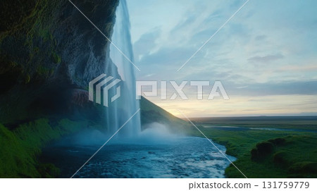 Seljalandsfoss waterfall plunging into pristine pool, illuminating dramatic sunset landscape with powerful natural beauty of iceland's rugged terrain 131759779
