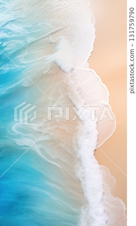 Water waves crashing on sandy shore, azure blue white and yellow hues 131759790