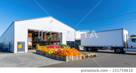 Vibrant produce arranged on wooden pallets near white delivery truck, highlighting fresh agricultural harvest waiting for transportation 131759818