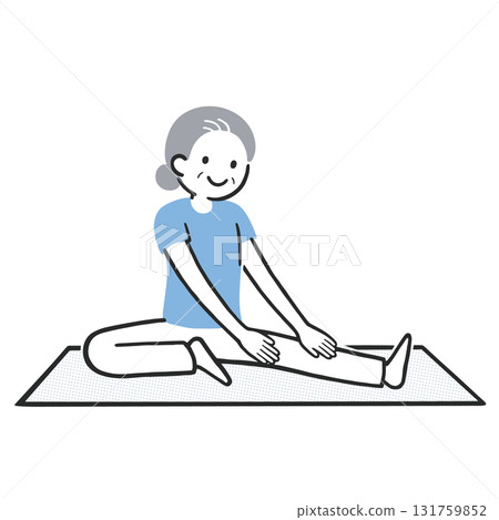 A simple full-body illustration of a senior woman stretching on a yoga mat A simple full-body illustration of a senior woman stretching on a yoga mat 131759852