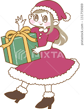 Illustration of a girl wearing a Santa Claus costume and holding a gift 131759989