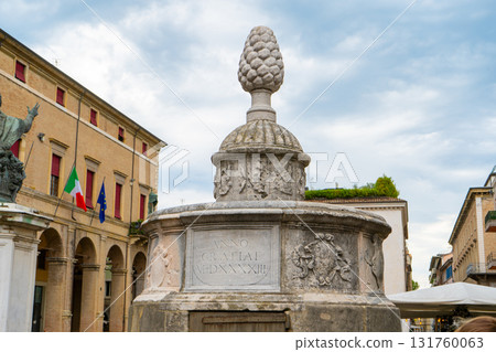 Old Italian fountain in the shape of a pine cone Fontana della Pigna, piazza Cavour, Rimini 131760063