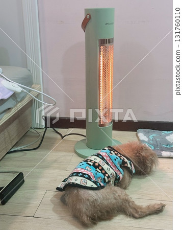 A puppy wearing clothes is sleeping in front of an electric heater A puppy wearing clothes is sleeping in front of an electric heater 131760110