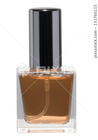 Rectangular glass perfume bottle with amber liquid and silver cap on isolated background 131760215