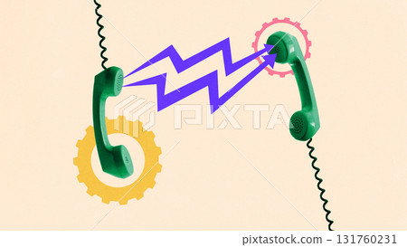 Creative digital artwork of two green phones connected with purple lightning bolts and gears. 131760231