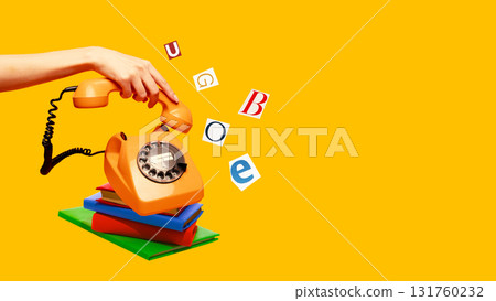 Modern collage of orange rotary phone on books with flying letters on yellow background 131760232