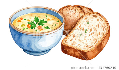 Soup and bread watercolor illustration set - AI generation 131760240