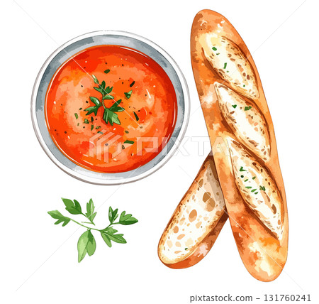 Tomato soup and baguette watercolor illustration set - AI generation 131760241